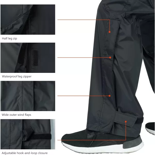 BASSDASH Complete Mens Breathable Waterproof Rain Pant Lightweight Over Pant with 12 Zip Legs for Fishing Kayaking HikingBlack