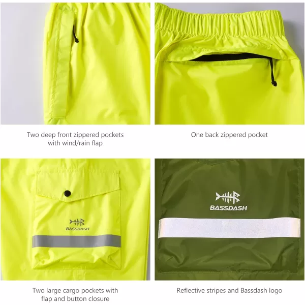 BASSDASH Complete Mens Breathable Waterproof Rain Pant Lightweight Over Pant with 12 Zip Legs for Fishing Kayaking HikingFluorescent Yellow