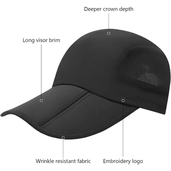 BASSDASH Folding Fishing Baseball Cap UPF 50 Water Resistant Outdoor Portable Brim Hats for Women Men Hiking AdjustableBlack