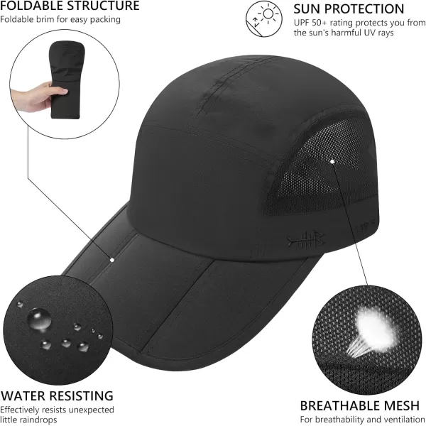 BASSDASH Folding Fishing Baseball Cap UPF 50 Water Resistant Outdoor Portable Brim Hats for Women Men Hiking AdjustableBlack