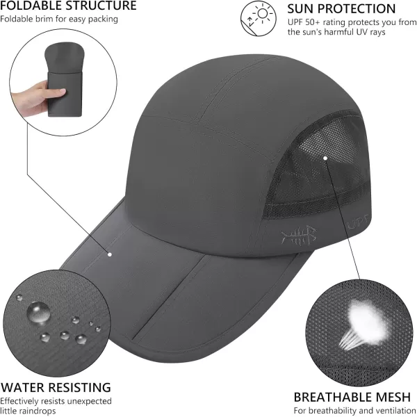 BASSDASH Folding Fishing Baseball Cap UPF 50 Water Resistant Outdoor Portable Brim Hats for Women Men Hiking AdjustableDark Grey