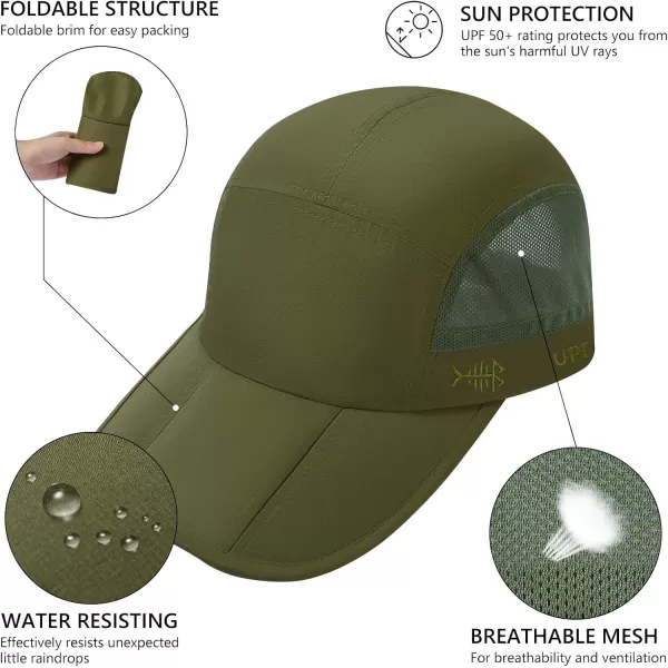 BASSDASH Folding Fishing Baseball Cap UPF 50 Water Resistant Outdoor Portable Brim Hats for Women Men Hiking AdjustableOlive Green