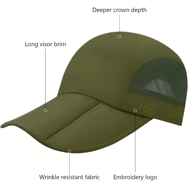 BASSDASH Folding Fishing Baseball Cap UPF 50 Water Resistant Outdoor Portable Brim Hats for Women Men Hiking AdjustableOlive Green