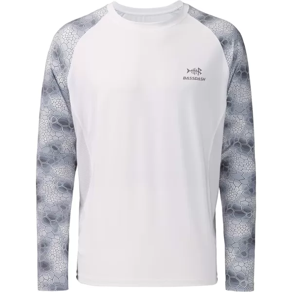 BASSDASH UPF 50 Fishing Tee for Men Camo Long Sleeve Shirt Quick Dry SweatshirtsWhiteGrey Hexagonal Scales