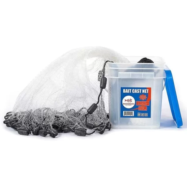 BASSDASH American Saltwater Fishing Cast Net 38 14Inch Mesh 4ft 6ft 8ft Radius 1Pound Per Foot for Bait Fish with Utility Bucket Casting38u201D mesh x 10u2019 high 119lb