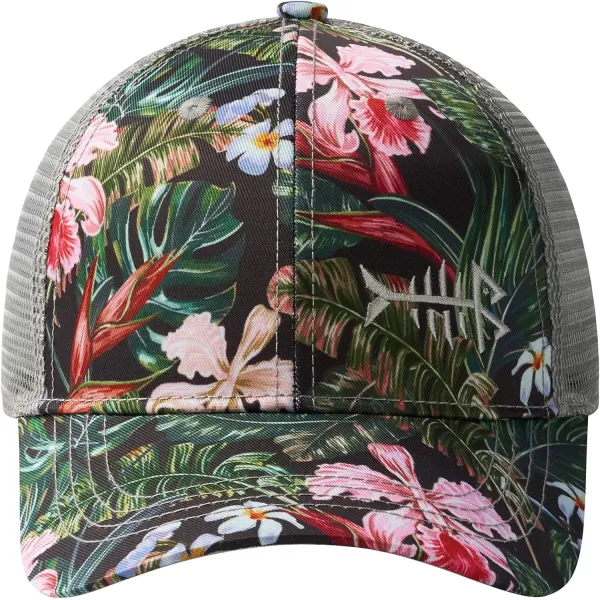 BASSDASH Altimate Fishing Hat Mesh Back for Men Women Adjustable Baseball Trucker CapBlackTropical Flower