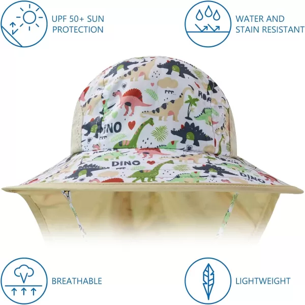 BASSDASH Kids UPF 50 Wide Brim Sun Hat with Neck Flap Lightweight Cooling Performance Toddler Girls Boys Outdoor Play HatsCreamDinosaur