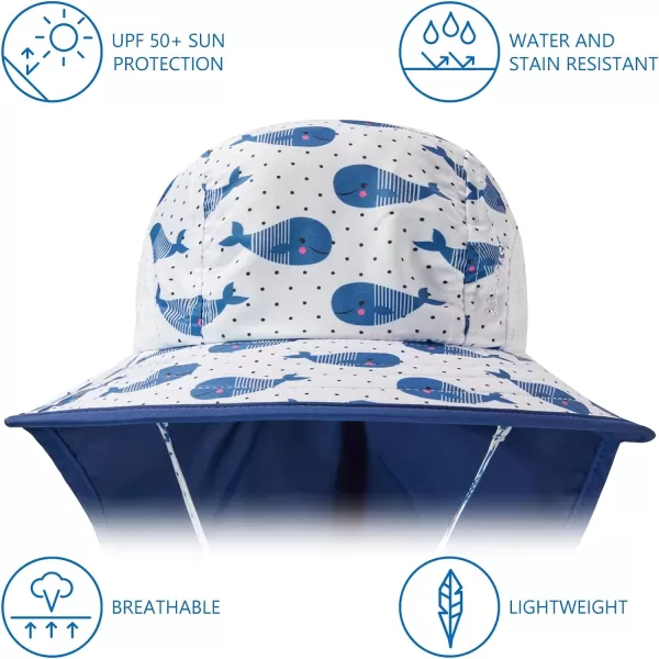 BASSDASH Kids UPF 50 Wide Brim Sun Hat with Neck Flap Lightweight Cooling Performance Toddler Girls Boys Outdoor Play HatsDark BlueWhales