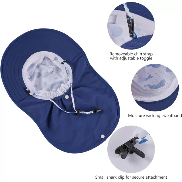 BASSDASH Kids UPF 50 Wide Brim Sun Hat with Neck Flap Lightweight Cooling Performance Toddler Girls Boys Outdoor Play HatsDark BlueWhales