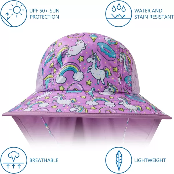 BASSDASH Kids UPF 50 Wide Brim Sun Hat with Neck Flap Lightweight Cooling Performance Toddler Girls Boys Outdoor Play HatsPurpleUnicorn