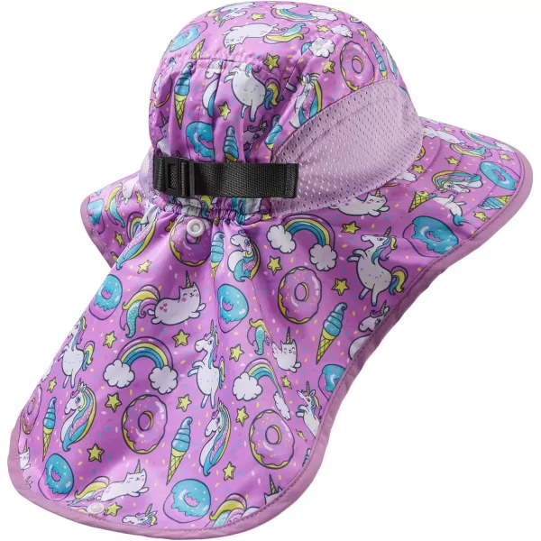 BASSDASH Kids UPF 50 Wide Brim Sun Hat with Neck Flap Lightweight Cooling Performance Toddler Girls Boys Outdoor Play HatsPurpleUnicorn