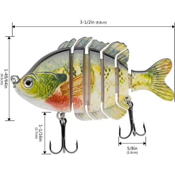 BASSDASH SwimPanfish Multi Jointed Panfish Bluegill Swimbaits Hard Topwater Bass Lures Fishing Lure Crank Saltwater 35in085ozPack of 4 Colors