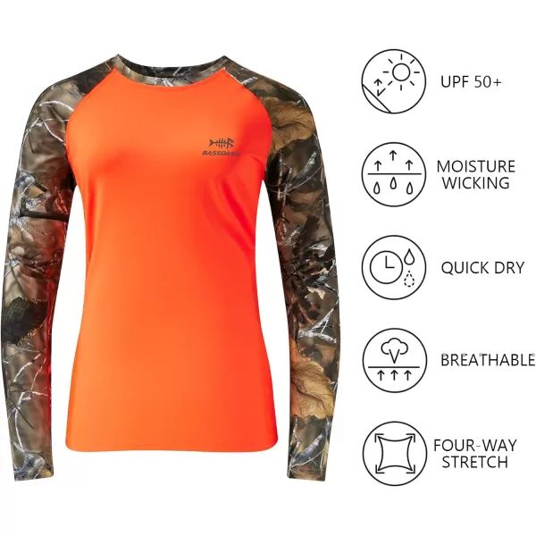 BASSDASH Womens Camo Hunting Shirt Long Sleeve UPF 50 Sun Protection Performance Tee Fishing HikingBlaze OrangeAutumn Forest