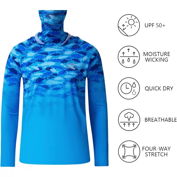 BASSDASH Youth UPF 50 Hooded Shirts with Mask UV Neck Gaiter Sun Protection Long Sleeve T Shirt for Fishing SwimBlue Fish Gradient