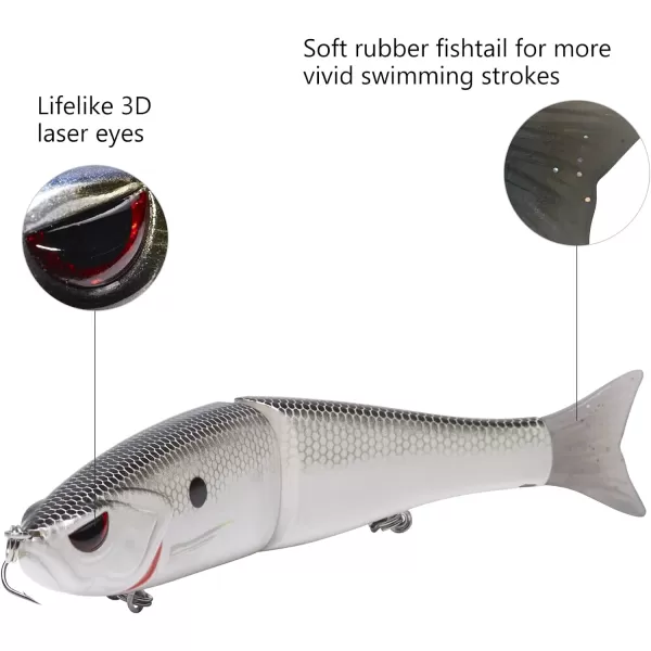 Bassdash SwimShad Glide Baits Jointed Swimbait Bass Pike Salmon Trout Muskie Fishing LureWhite Shad