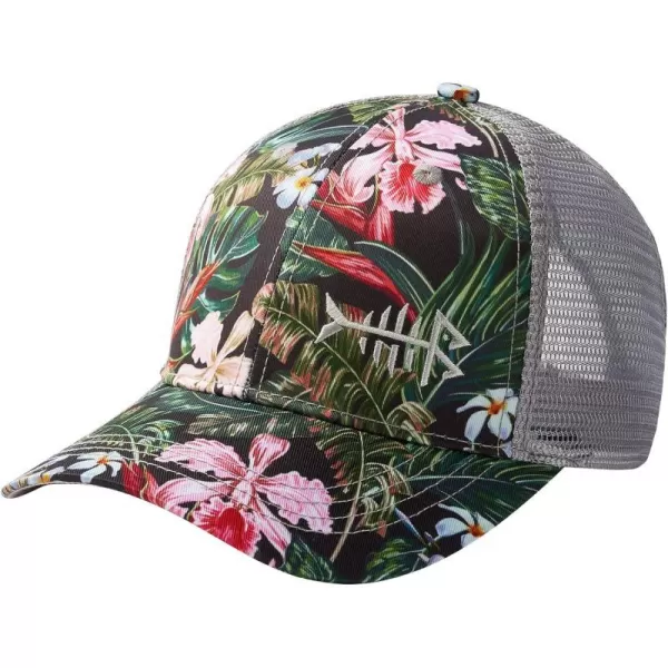 BASSDASH Altimate Fishing Hat Mesh Back for Men Women Adjustable Baseball Trucker CapBlackTropical Flower