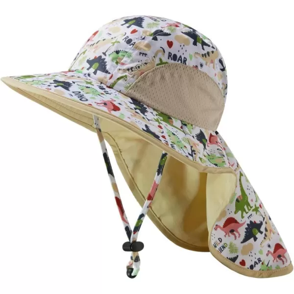 BASSDASH Kids UPF 50 Wide Brim Sun Hat with Neck Flap Lightweight Cooling Performance Toddler Girls Boys Outdoor Play HatsCreamDinosaur