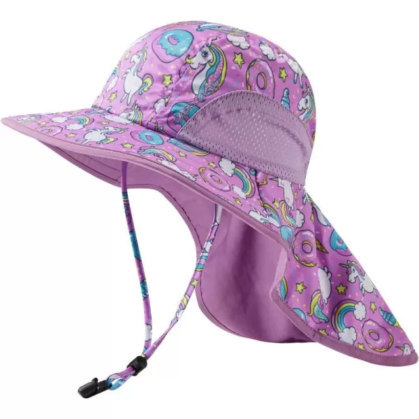 BASSDASH Kids UPF 50 Wide Brim Sun Hat with Neck Flap Lightweight Cooling Performance Toddler Girls Boys Outdoor Play HatsPurpleUnicorn