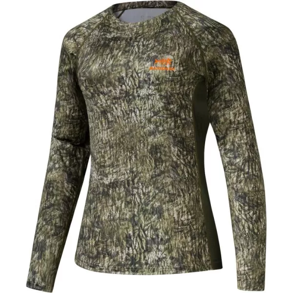 BASSDASH Womens Camo Hunting Shirt Long Sleeve UPF 50 Sun Protection Performance Tee Fishing HikingMossy Wood