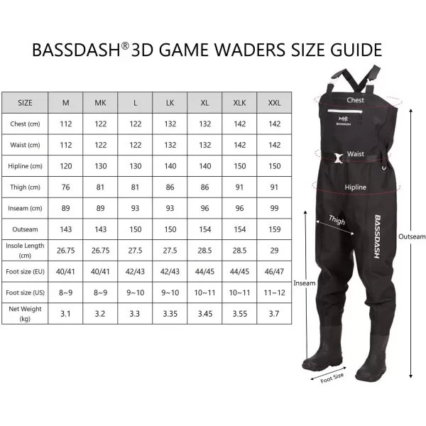 BASSDASH 3D Boot Foot Game Wader Ultra High Strength Black Plaid Nylon PVC Fishing Hunting Chest Waders for MenBlack Plaid