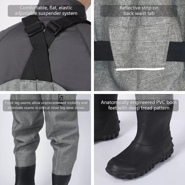 BASSDASH 3D Boot Foot Game Wader Ultra High Strength Black Plaid Nylon PVC Fishing Hunting Chest Waders for MenHeather Grey