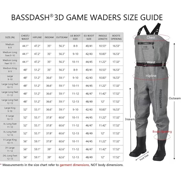 BASSDASH 3D Boot Foot Game Wader Ultra High Strength Black Plaid Nylon PVC Fishing Hunting Chest Waders for MenHeather Grey