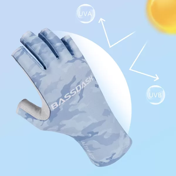 BASSDASH ALTIMATE Fishing Gloves Sun Protection Fingerless Hunting UPF 50 Mens Womens UV GlovesALTIMATE I  Light Blue Camo