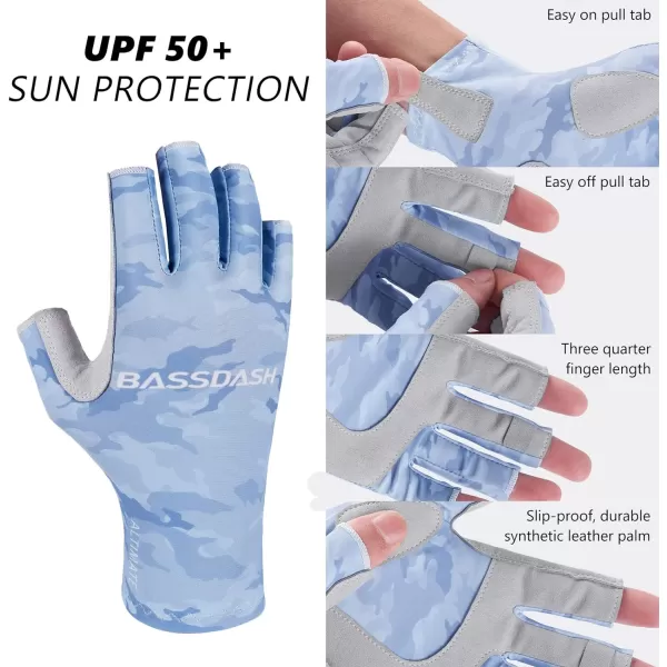 BASSDASH ALTIMATE Fishing Gloves Sun Protection Fingerless Hunting UPF 50 Mens Womens UV GlovesALTIMATE I  Light Blue Camo