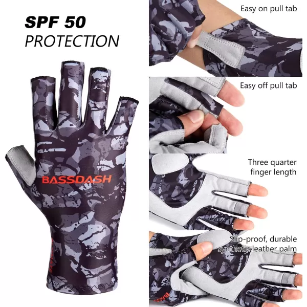 BASSDASH ALTIMATE Fishing Gloves Sun Protection Fingerless Hunting UPF 50 Mens Womens UV GlovesBlack Camo