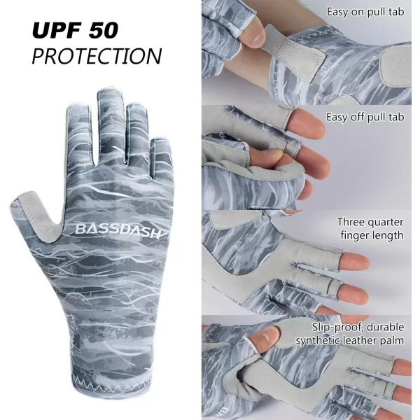 BASSDASH ALTIMATE Fishing Gloves Sun Protection Fingerless Hunting UPF 50 Mens Womens UV GlovesGrey Camo