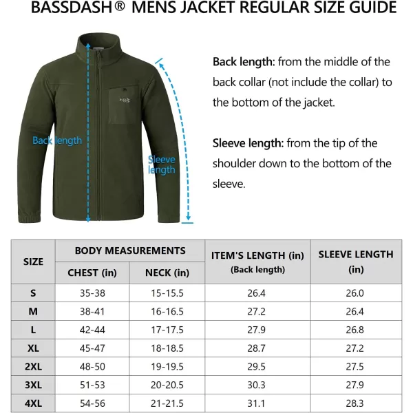 BASSDASH AllDay Mens Full Zip Fleece Jacket Soft Breathable MidWeight Polar Fleece Winter Coat with PocketsArmy Green