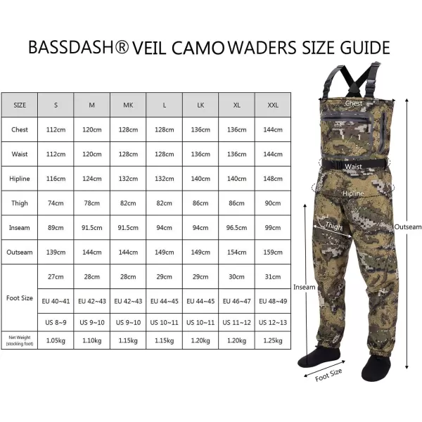 BASSDASH Breathable Ultra Lightweight Veil Camo Chest Stocking Foot Fishing Hunting Waders for MenStocking Foot