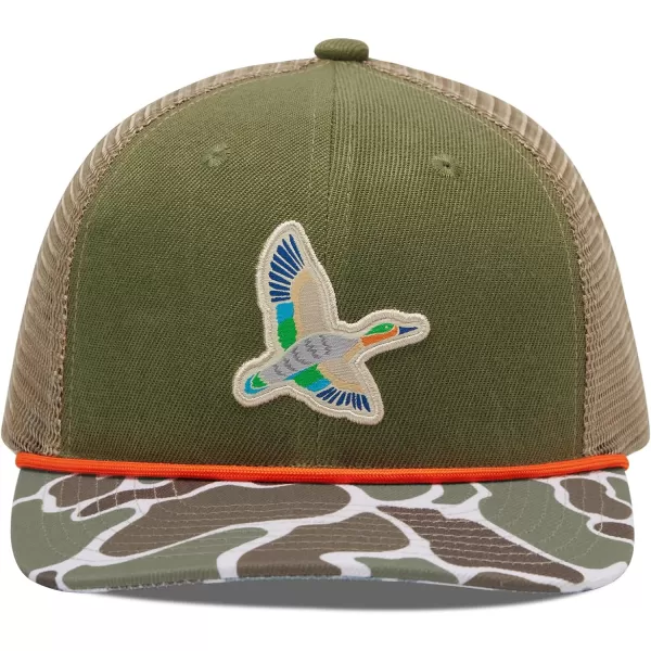 BASSDASH Camo Rope Trucker Hat Adjustable Embroidered Baseball Cap Mesh Back for Duck Deer Hunting Fly Fishing CampingArmy GreenMallard