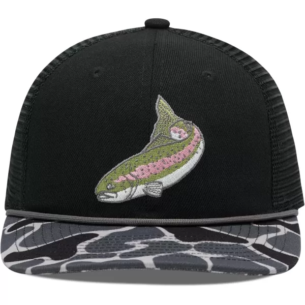 BASSDASH Camo Rope Trucker Hat Adjustable Embroidered Baseball Cap Mesh Back for Duck Deer Hunting Fly Fishing CampingBlackTrout