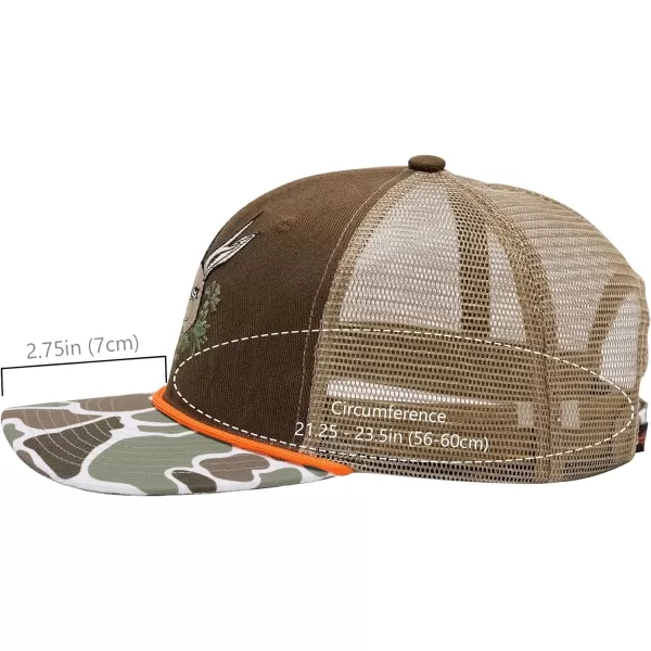 BASSDASH Camo Rope Trucker Hat Adjustable Embroidered Baseball Cap Mesh Back for Duck Deer Hunting Fly Fishing CampingBrownHare Deer