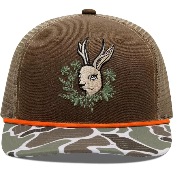 BASSDASH Camo Rope Trucker Hat Adjustable Embroidered Baseball Cap Mesh Back for Duck Deer Hunting Fly Fishing CampingBrownHare Deer