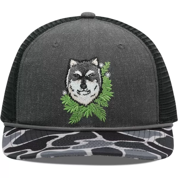 BASSDASH Camo Rope Trucker Hat Adjustable Embroidered Baseball Cap Mesh Back for Duck Deer Hunting Fly Fishing CampingHeather GreyAlaskan Malamute