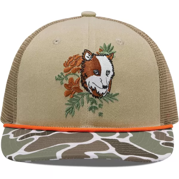 BASSDASH Camo Rope Trucker Hat Adjustable Embroidered Baseball Cap Mesh Back for Duck Deer Hunting Fly Fishing CampingKhakiFox