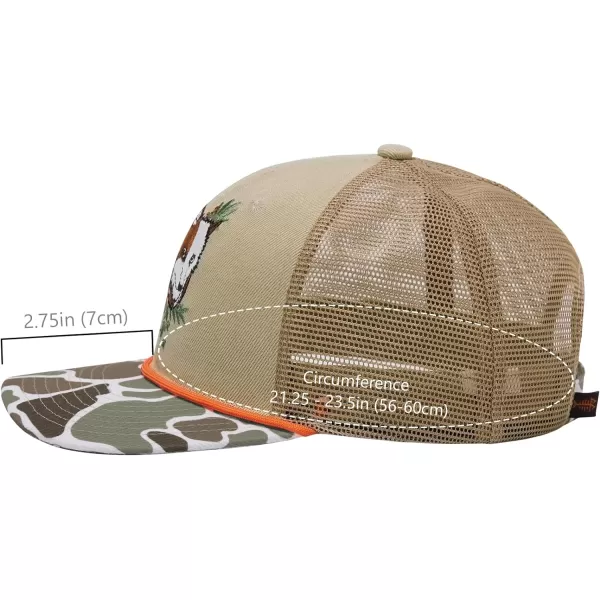 BASSDASH Camo Rope Trucker Hat Adjustable Embroidered Baseball Cap Mesh Back for Duck Deer Hunting Fly Fishing CampingKhakiFox