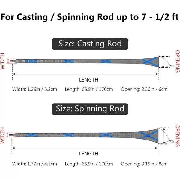 BASSDASH Casting Spinning Fishing Rod Sleeves Protective Rod Socks for Fishing Poles Up to 712ftBlack amp Blue  2pcs