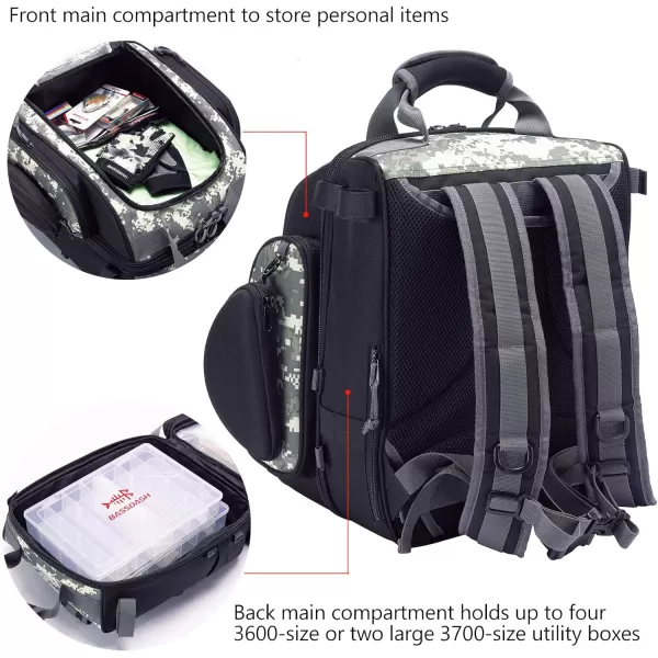 BASSDASH FP04 Fishing Tackle Backpack Water Resistant Bag with Rod Water Bottle Holder for Outdoor Camping HikingJungle Camo With Four 3600size Trays