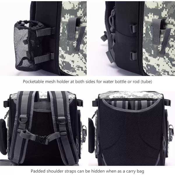 BASSDASH FP04 Fishing Tackle Backpack Water Resistant Bag with Rod Water Bottle Holder for Outdoor Camping HikingJungle Camo With Four 3600size Trays