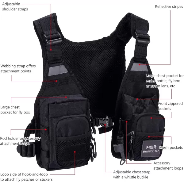 BASSDASH FV08 Ultra Lightweight Fly Fishing Vest for Men and Women Portable Chest Pack One Size Fits MostBlack