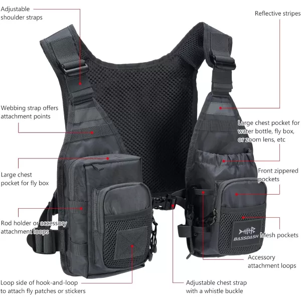 BASSDASH FV08 Ultra Lightweight Fly Fishing Vest for Men and Women Portable Chest Pack One Size Fits MostGrey