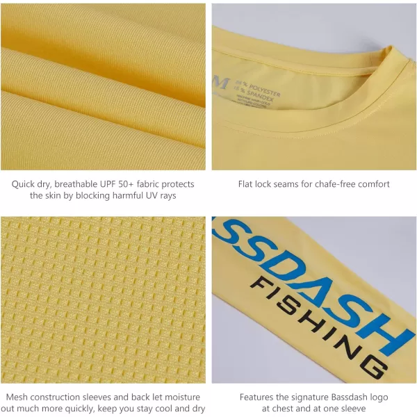 BASSDASH Fishing T Shirts for Men UV Sun Protection UPF 50 Long Sleeve Tee TShirtLight YellowVivid Blue Logo