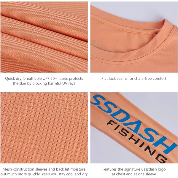 BASSDASH Fishing T Shirts for Men UV Sun Protection UPF 50 Long Sleeve Tee TShirtPeachVivid Blue Logo