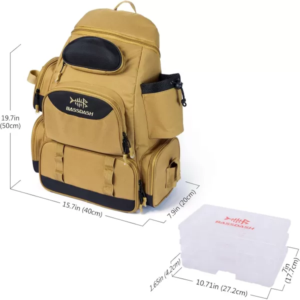 BASSDASH Fishing Tackle Backpack Water Resistant Lightweight Tactical Bag Soft Tackle Box with Rod Holder and Protective Rain CoverBritish Khaki Backpack 3600 With 3 Trays