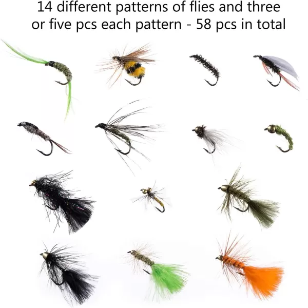 BASSDASH Fly Fishing Flies Kit Fly Assortment Trout Bass Fishing with Fly Box 366472768096pcs with DryWet Flies Nymphs Streamers Popper58 pcs assorted trout flies