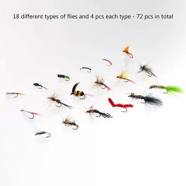 BASSDASH Fly Fishing Flies Kit Fly Assortment Trout Bass Fishing with Fly Box 366472768096pcs with DryWet Flies Nymphs Streamers Popper72 pcs assorted flies kit with waterproof fly box