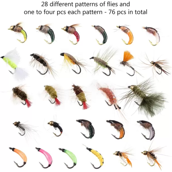 BASSDASH Fly Fishing Flies Kit Fly Assortment Trout Bass Fishing with Fly Box 366472768096pcs with DryWet Flies Nymphs Streamers Popper76 pcs assorted trout flies kit with fly box